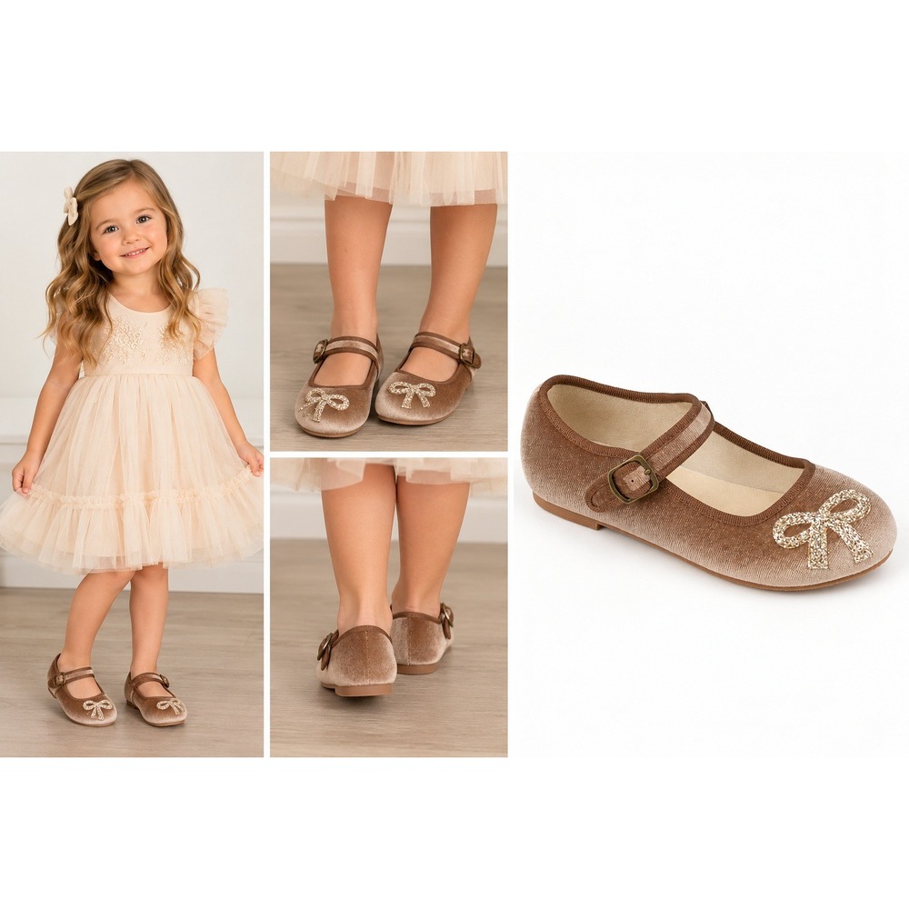 Joyfolie Mary Jane Bow Flat Tarnished Gold Velvet Shoes Girls Size 4Y NEW